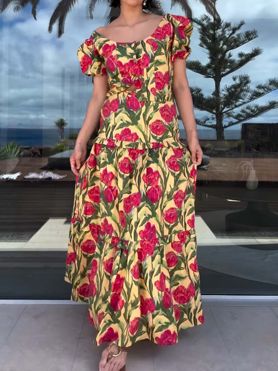 Floral Print Puff Sleeve Two Pieces Dress