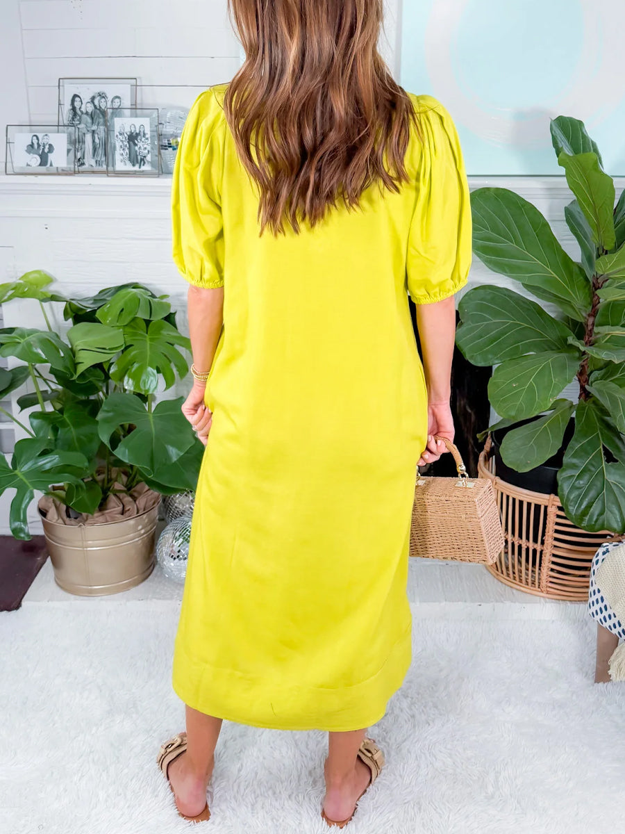 Printed V Neck Puff Sleeve Dress