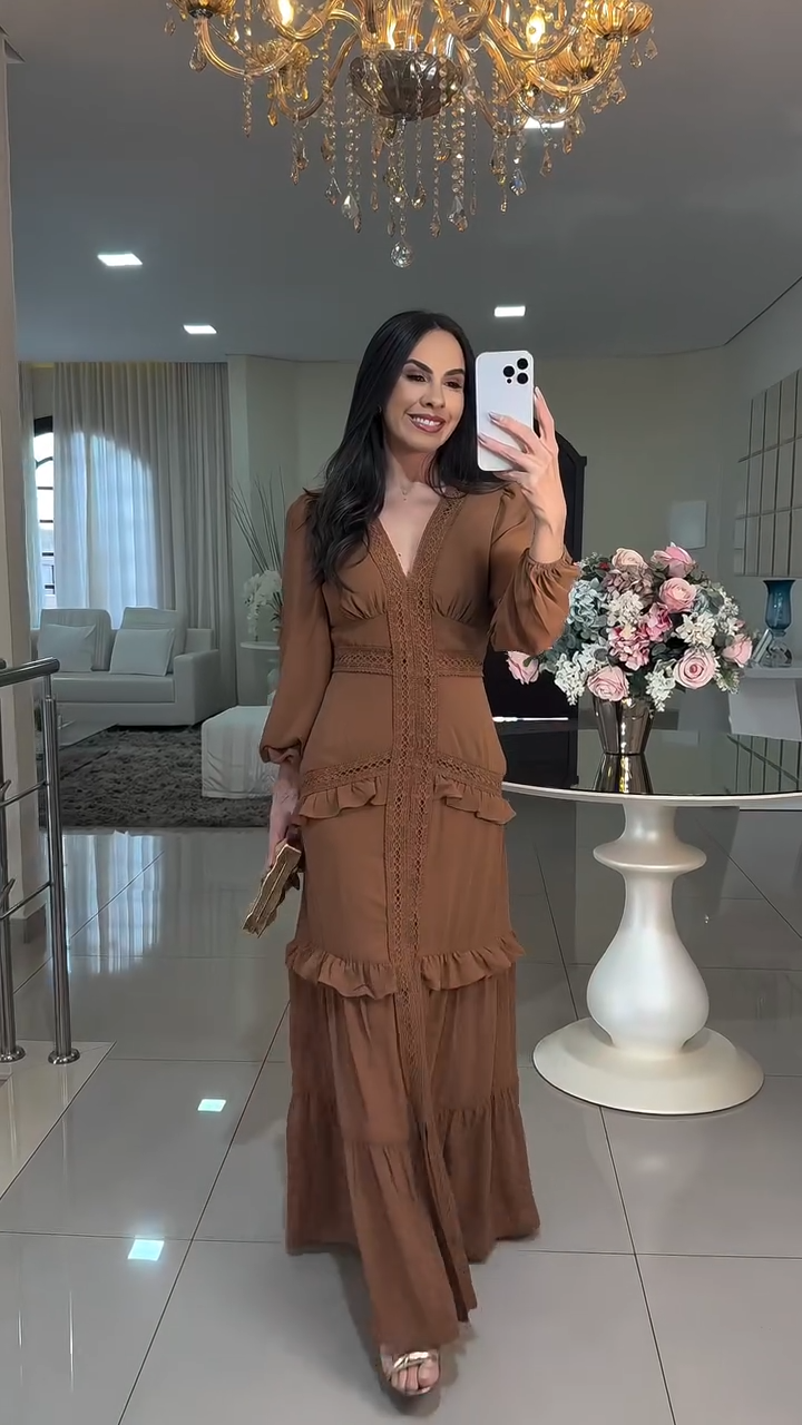Women's puff sleeve lace long dress