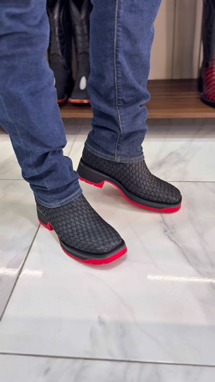 Handcrafted Western-style woven leather cowboy boots