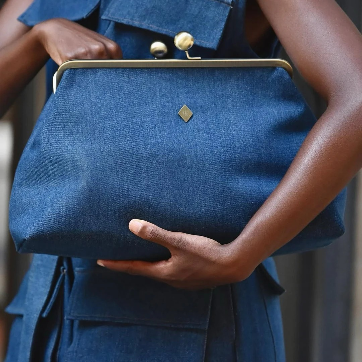 Classic Kiss-lock Closure Adorned Denim Bag