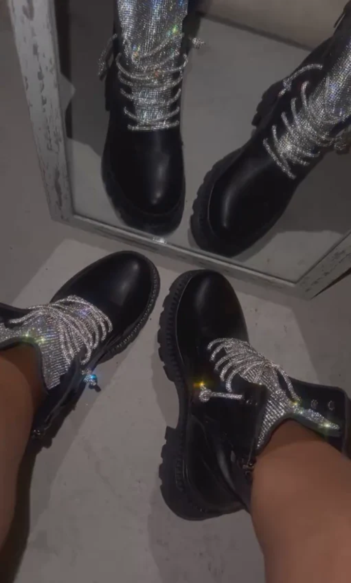 Black multicolored rhinestone combat ankle boots