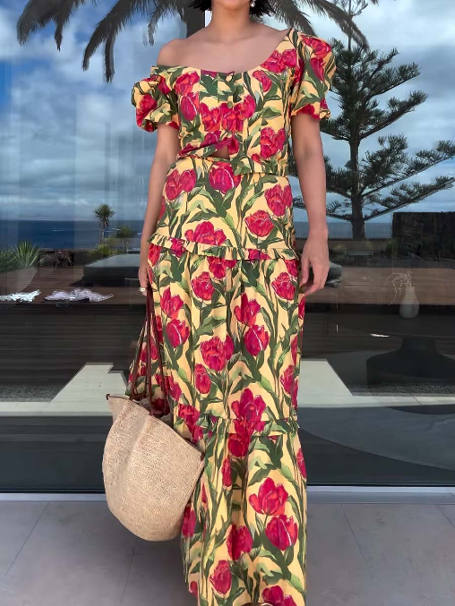 Floral Print Puff Sleeve Two Pieces Dress