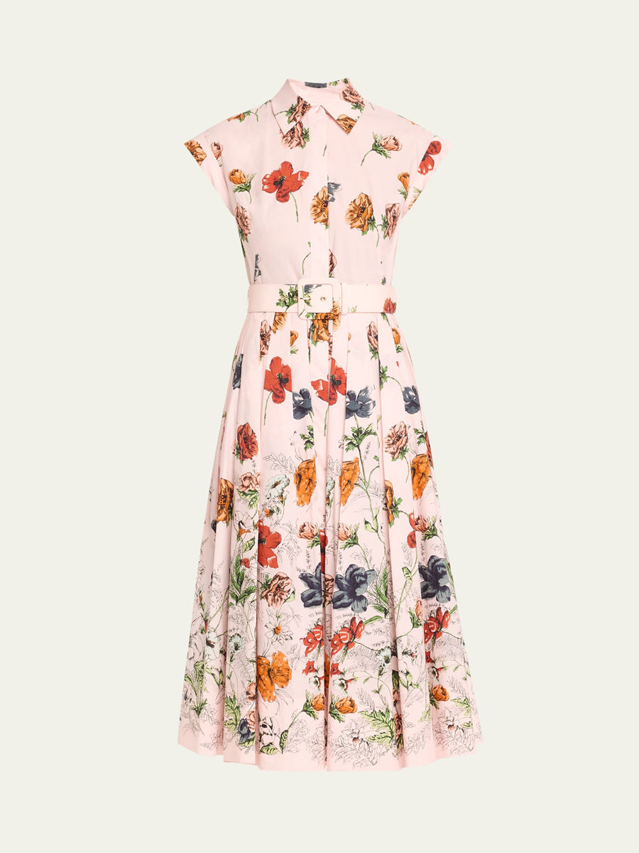 Floral Print Cap-Sleeve Pleated Dress