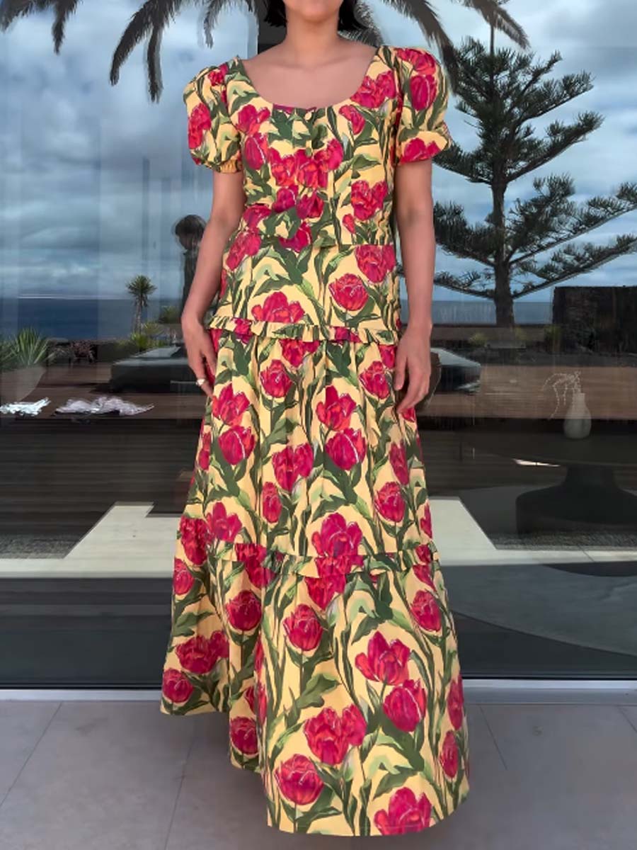 Floral Print Puff Sleeve Two Pieces Dress