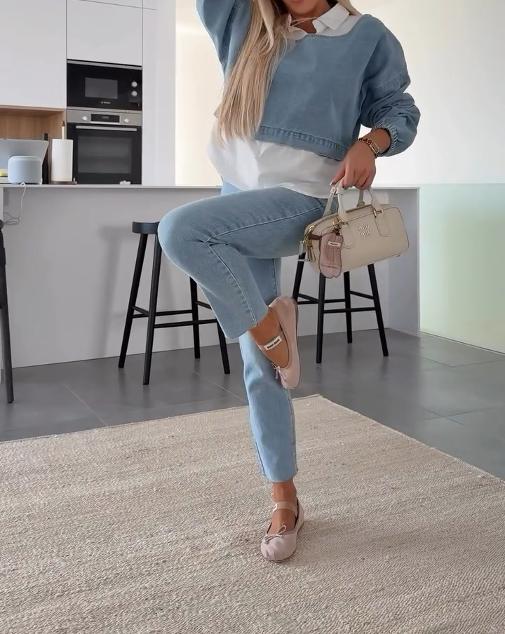 Women's long sleeve denim shirt two piece set