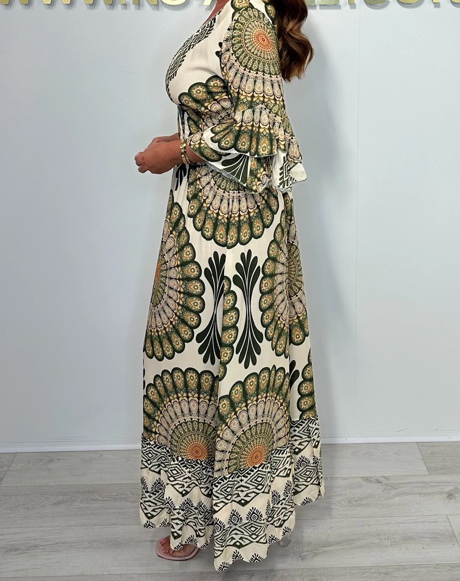 Print V-Neck Smocked Waist Bell Sleeve Dress