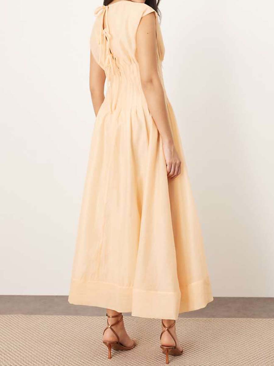 Sleeveless V-neck Pleat Waist Midi Dress