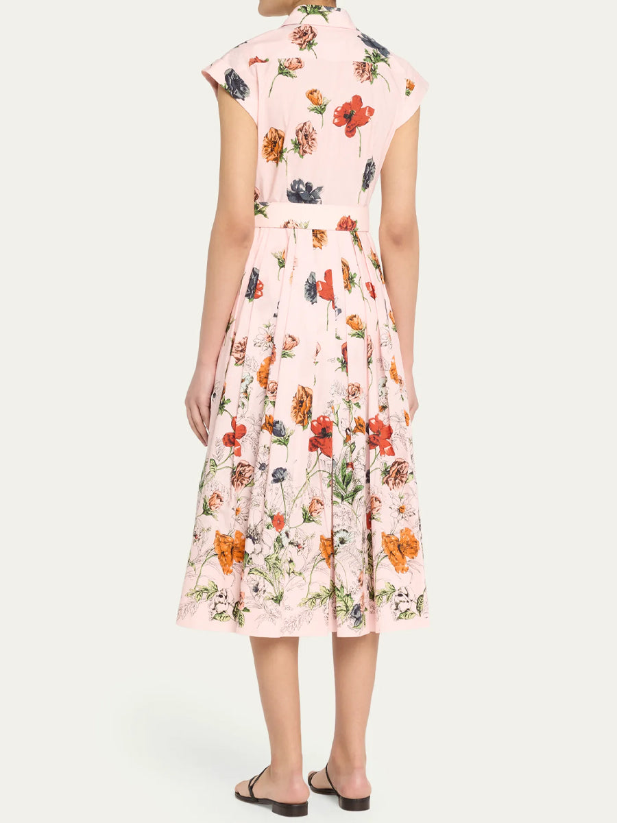 Floral Print Cap-Sleeve Pleated Dress