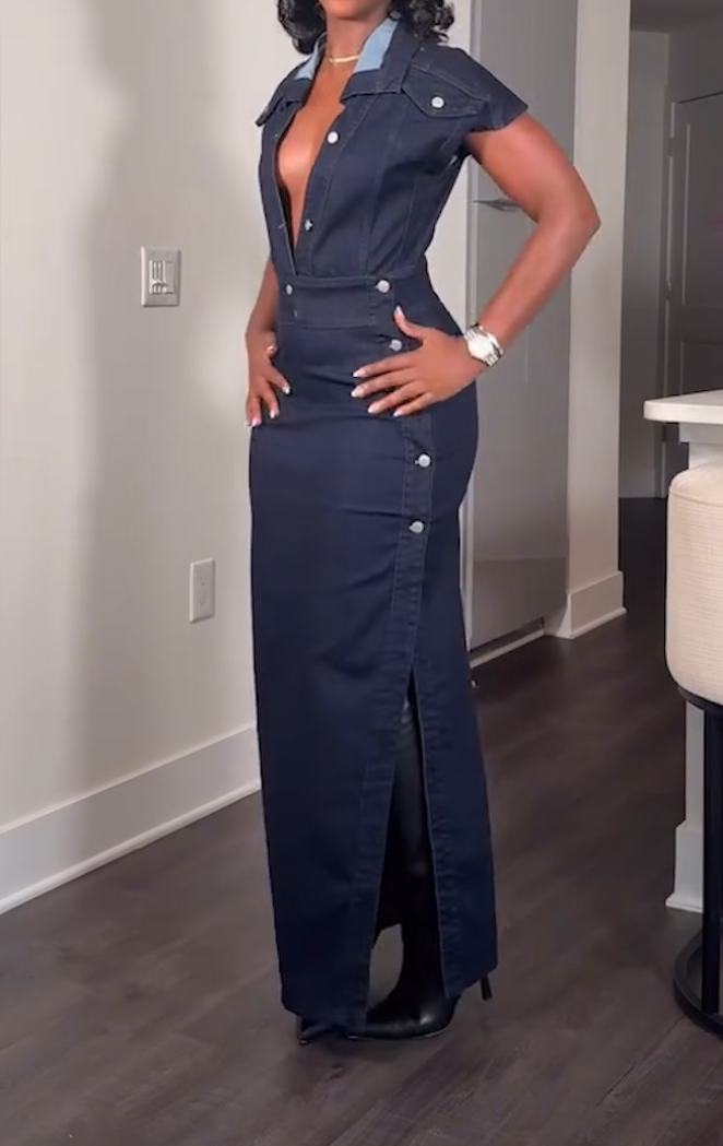 Lapel Button Slit Fashion Denim Dress