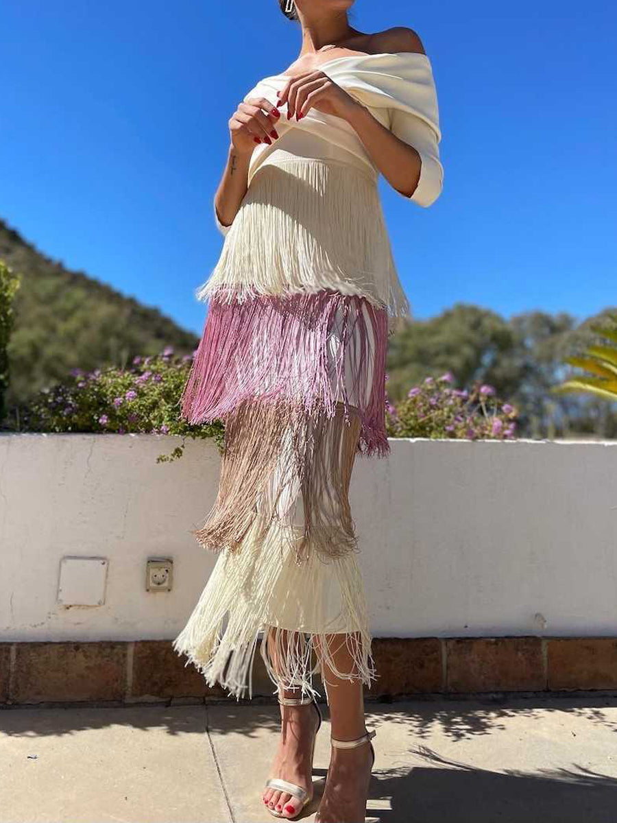Off Shoulder Elegant Fringe Dress