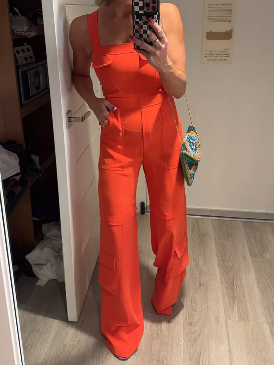 Solid Pockets Suspenders Jumpsuit
