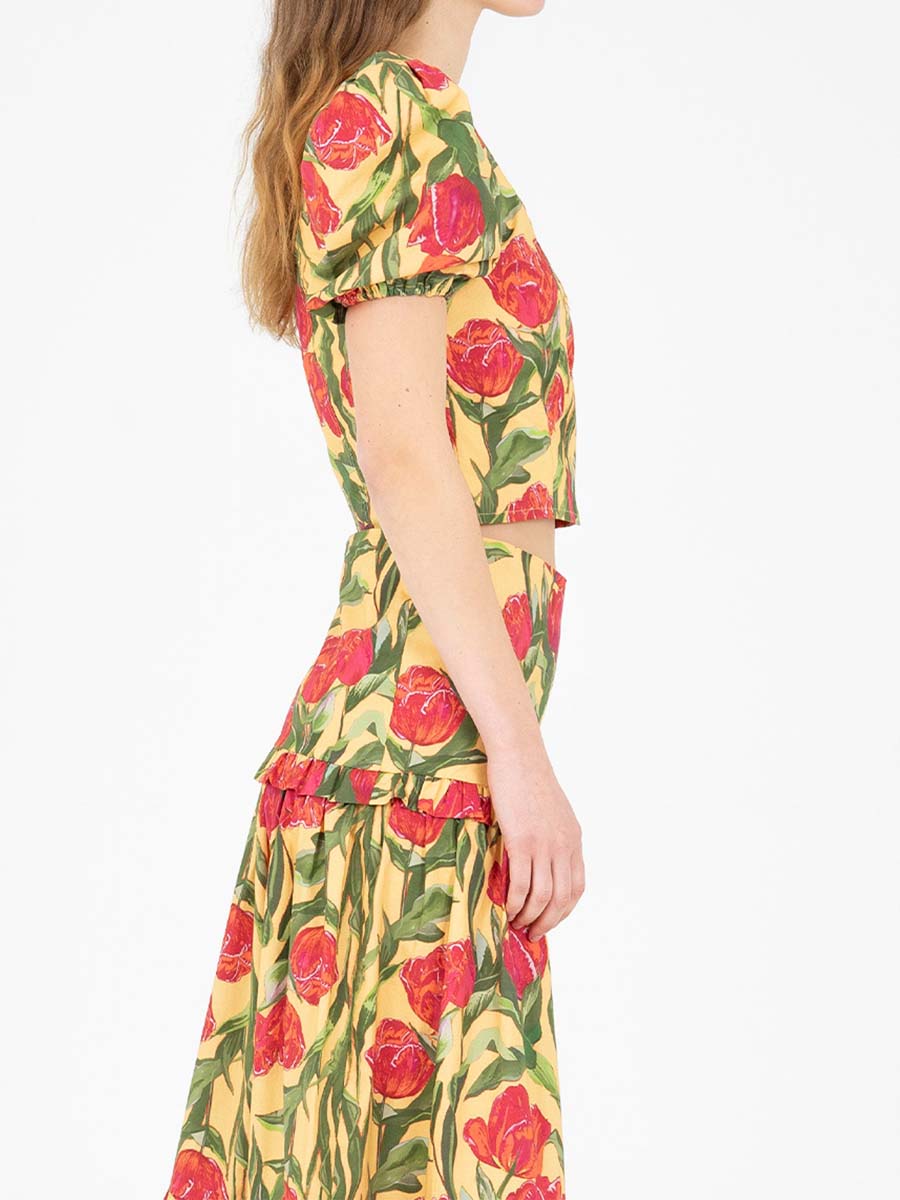 Floral Print Puff Sleeve Two Pieces Dress