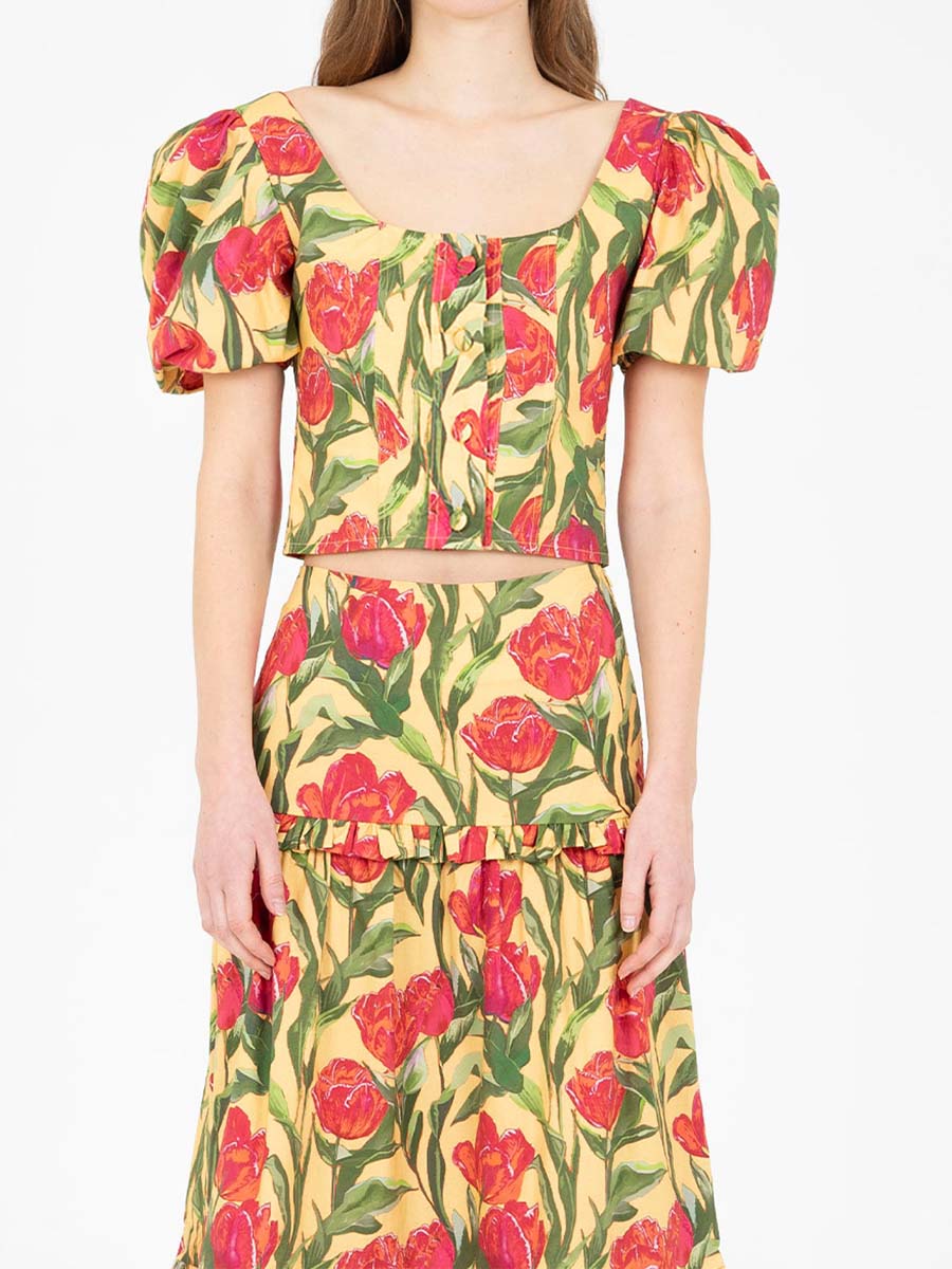 Floral Print Puff Sleeve Two Pieces Dress