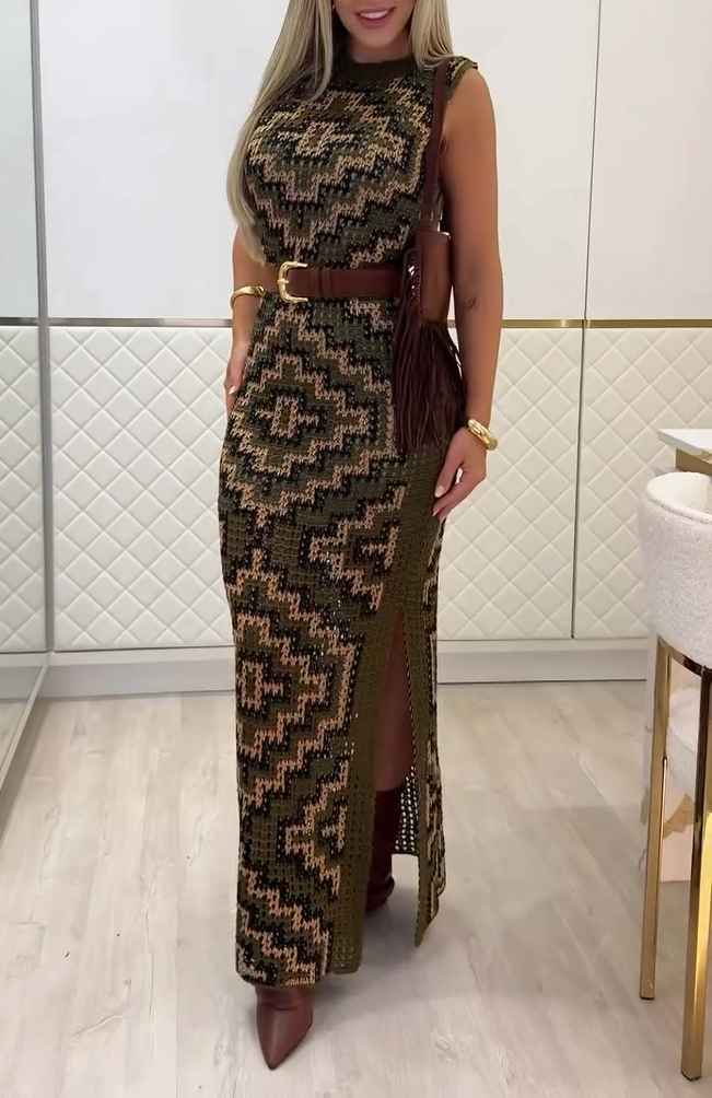 Knitted sleeveless casual slit stretch dress