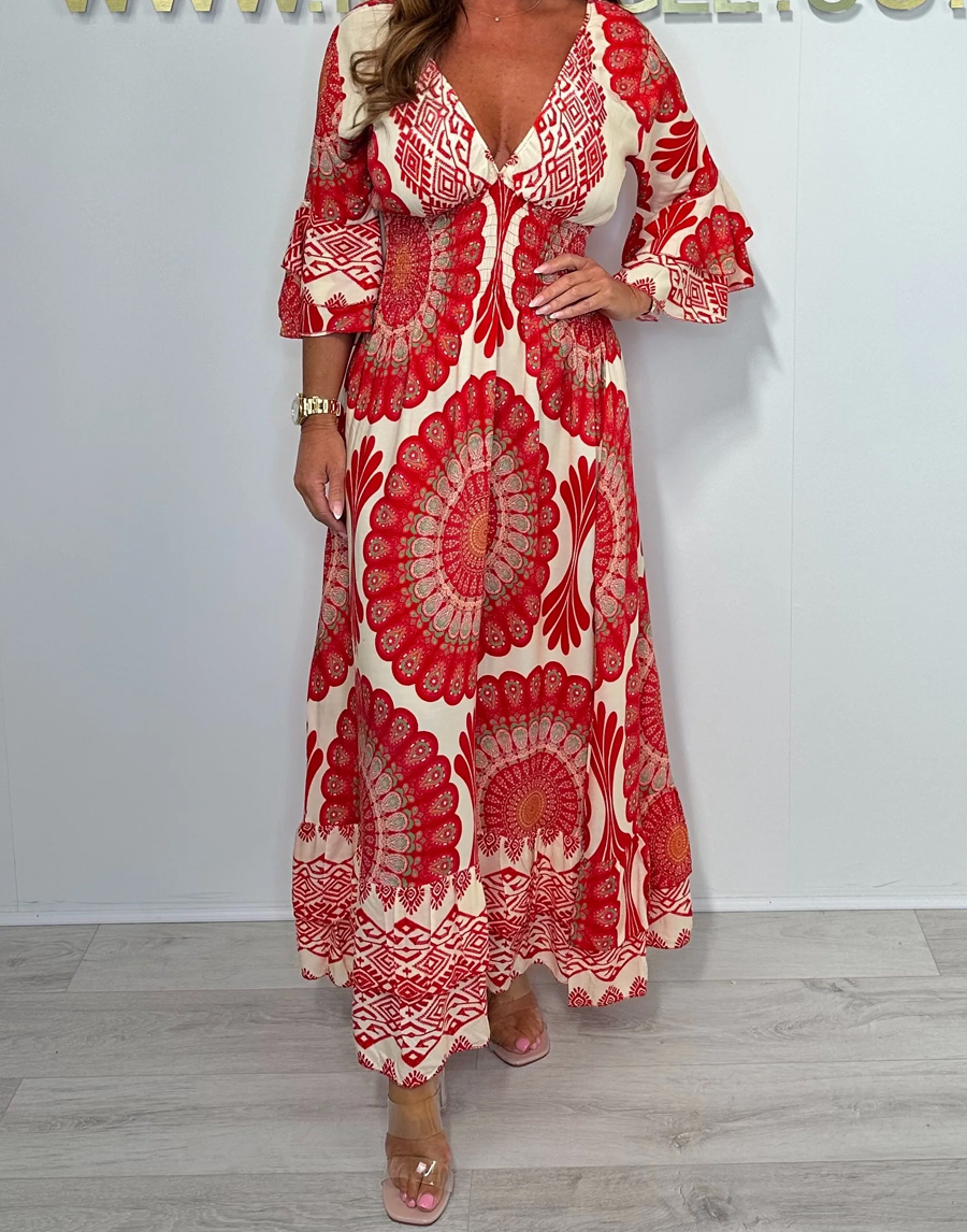 Print V-Neck Smocked Waist Bell Sleeve Dress