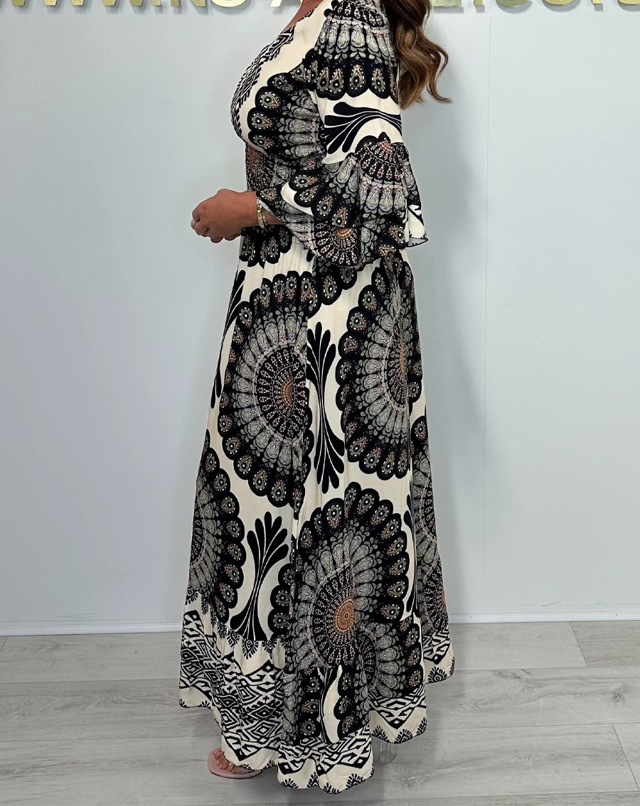 Print V-Neck Smocked Waist Bell Sleeve Dress