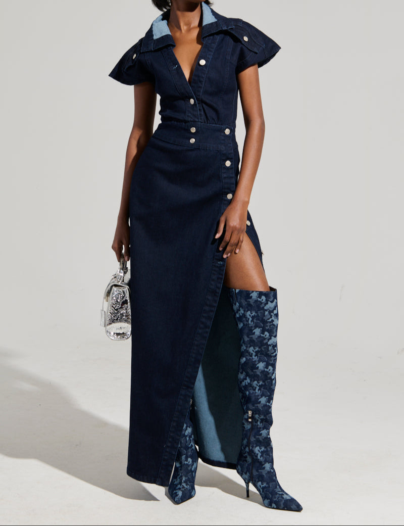 Lapel Button Slit Fashion Denim Dress