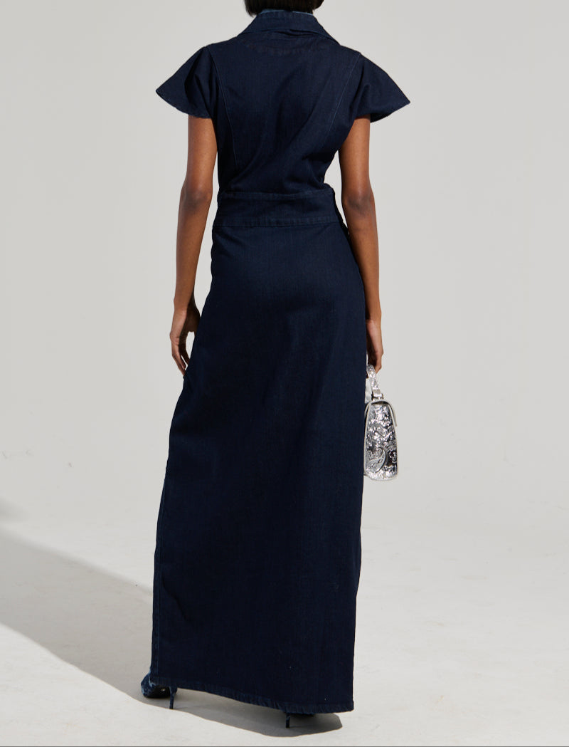 Lapel Button Slit Fashion Denim Dress