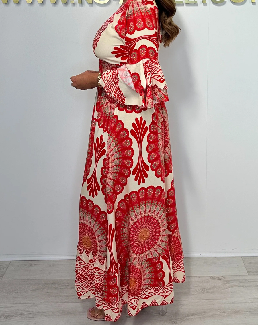 Print V-Neck Smocked Waist Bell Sleeve Dress