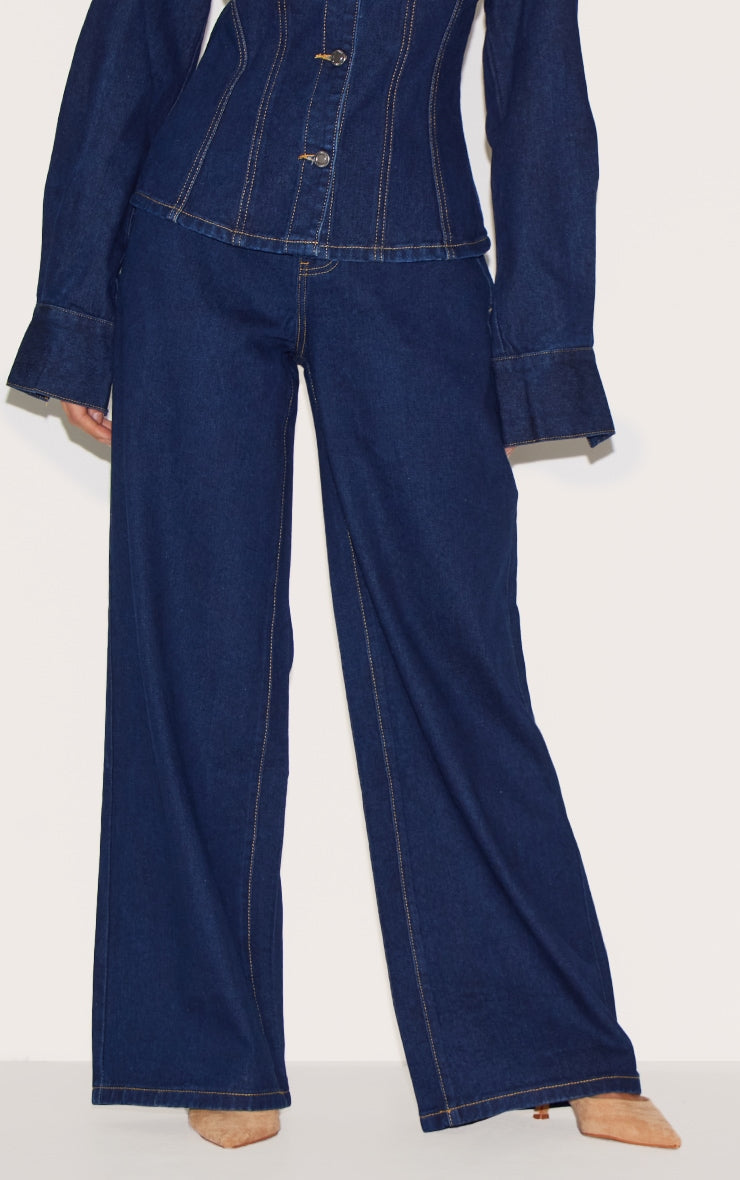Indigo blue long-sleeved denim two piece set