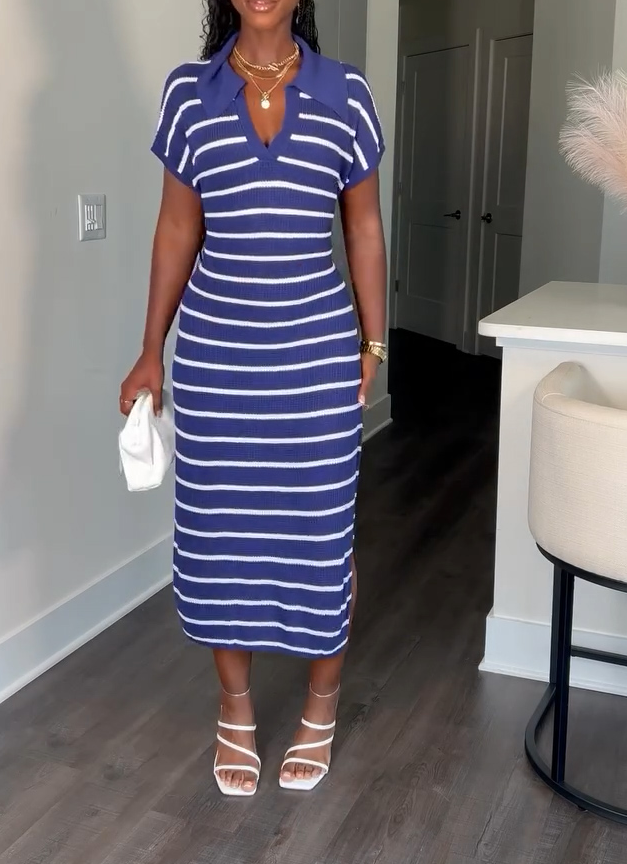 Cute striped polo shirt collar casual dress