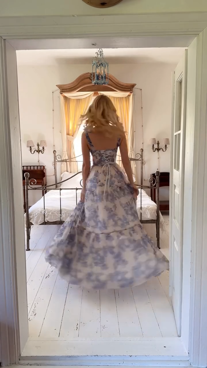 Elegant French Floral Off-Shoulder Long Dress