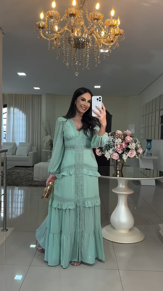 Women's puff sleeve lace long dress