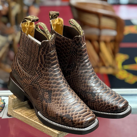 Snakeskin Print Ankle Square Toe Boots