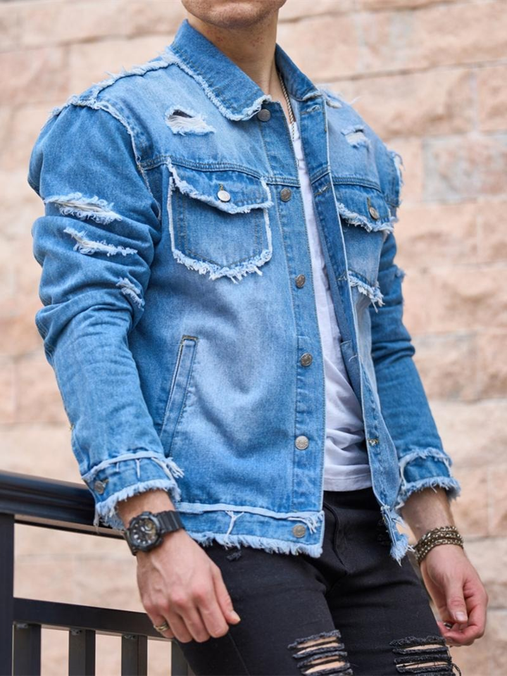 Men's Raw Wash Ripped Denim Jacket