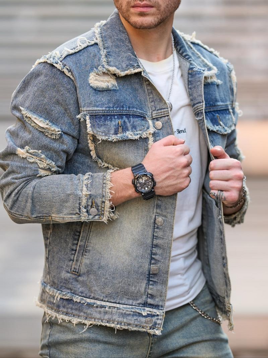 Men's Raw Wash Ripped Denim Jacket