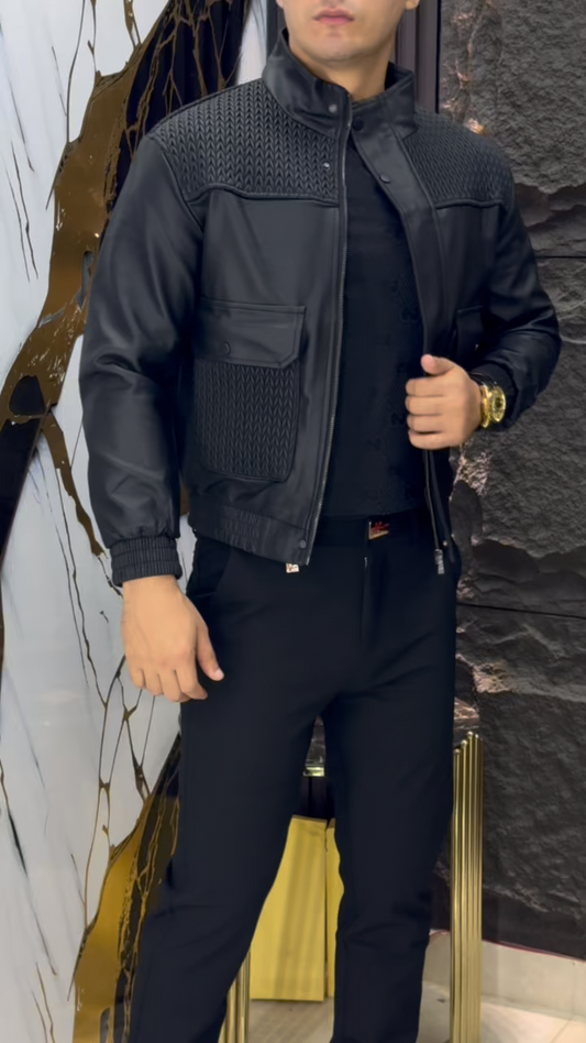 Men's Black Leather Mesh Jacket