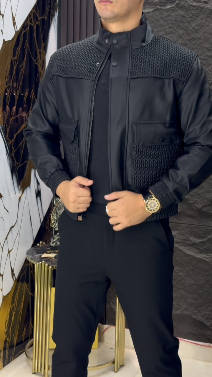 Men's Black Leather Mesh Jacket