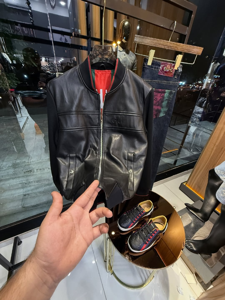 Black Genuine Leather Mesh Pilot Jacket