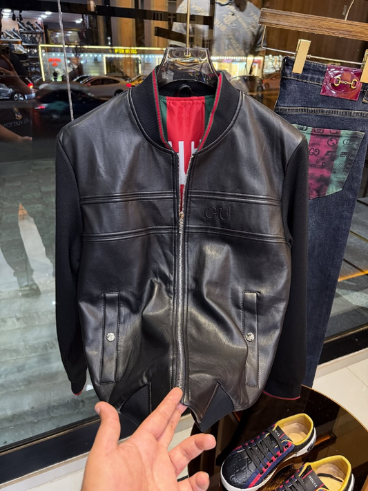 Black Genuine Leather Mesh Pilot Jacket