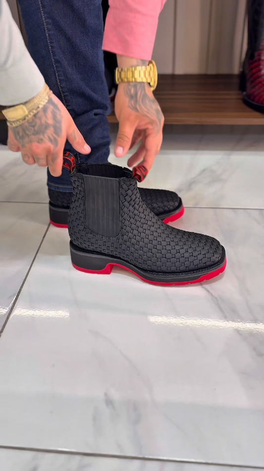 Handcrafted Western-style woven leather cowboy boots