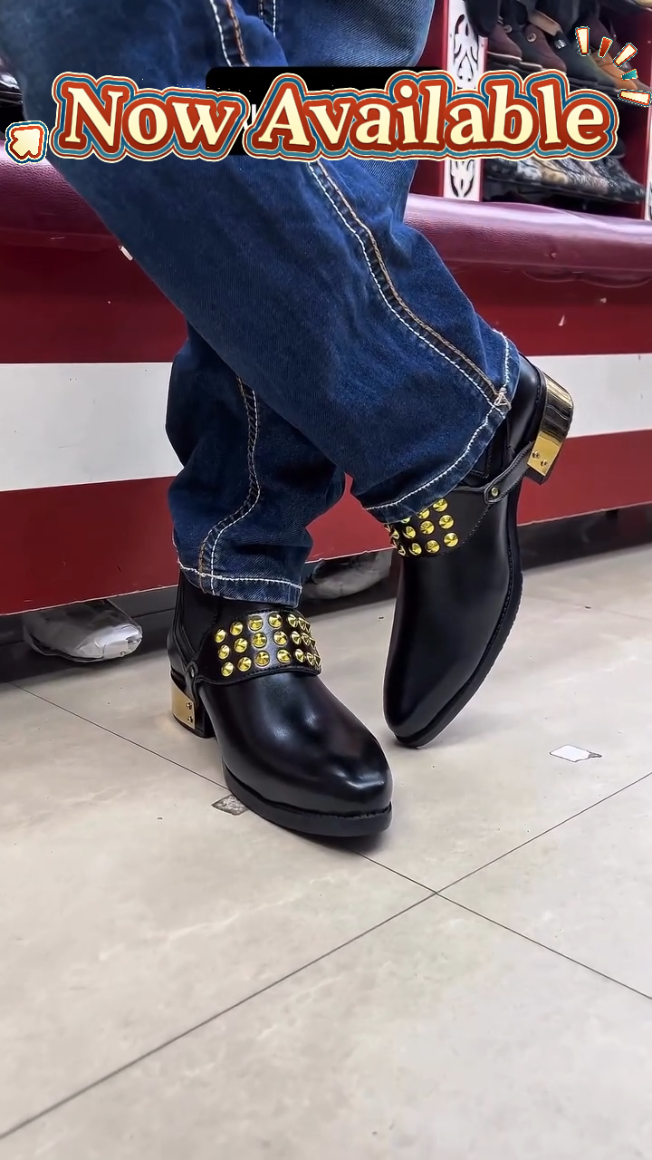 Riveted Buckle Leather Ankle Boots