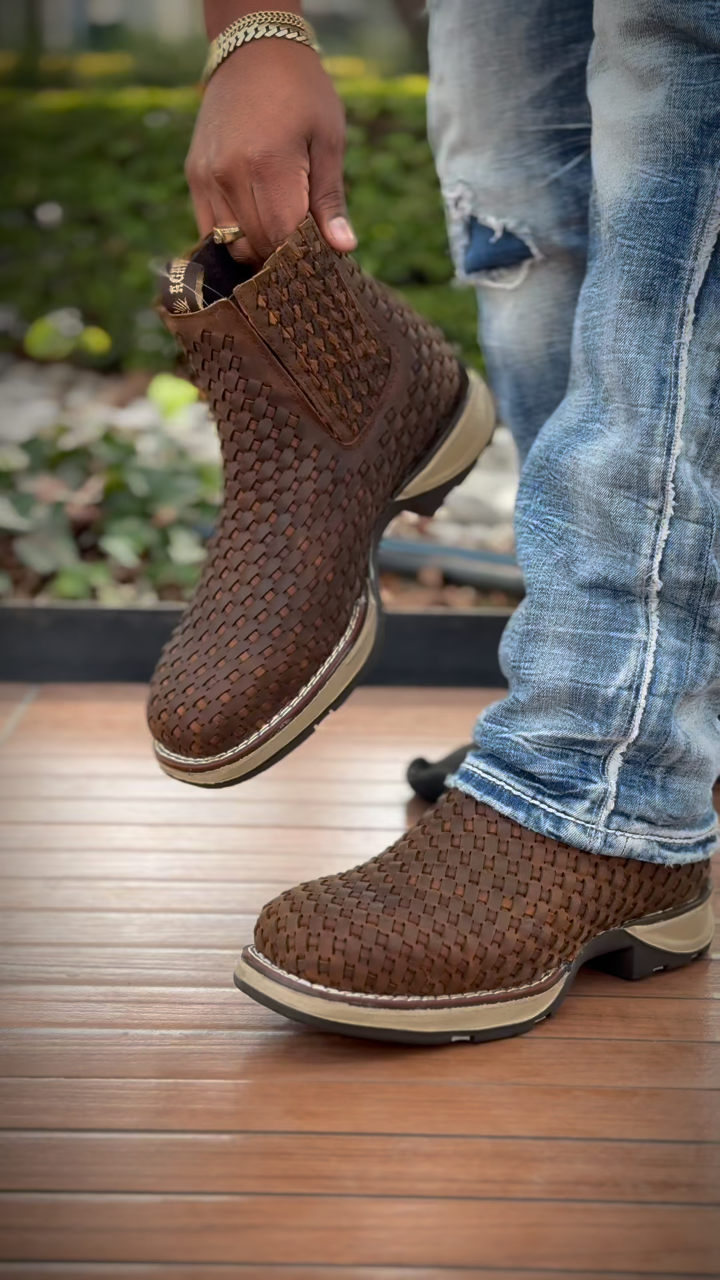 Woven Brown Leather Slip-On Shoes
