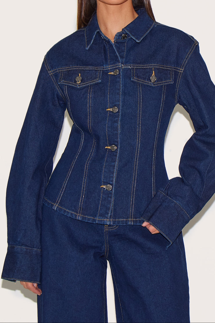 Indigo blue long-sleeved denim two piece set