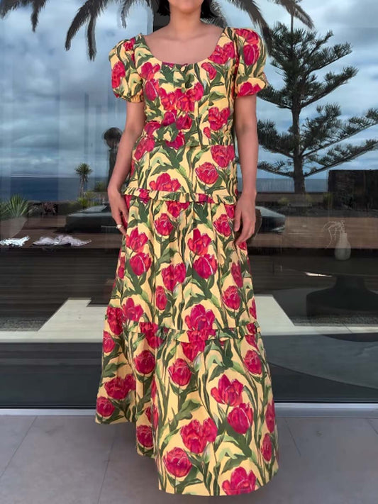 Floral Print Puff Sleeve Two Pieces Dress