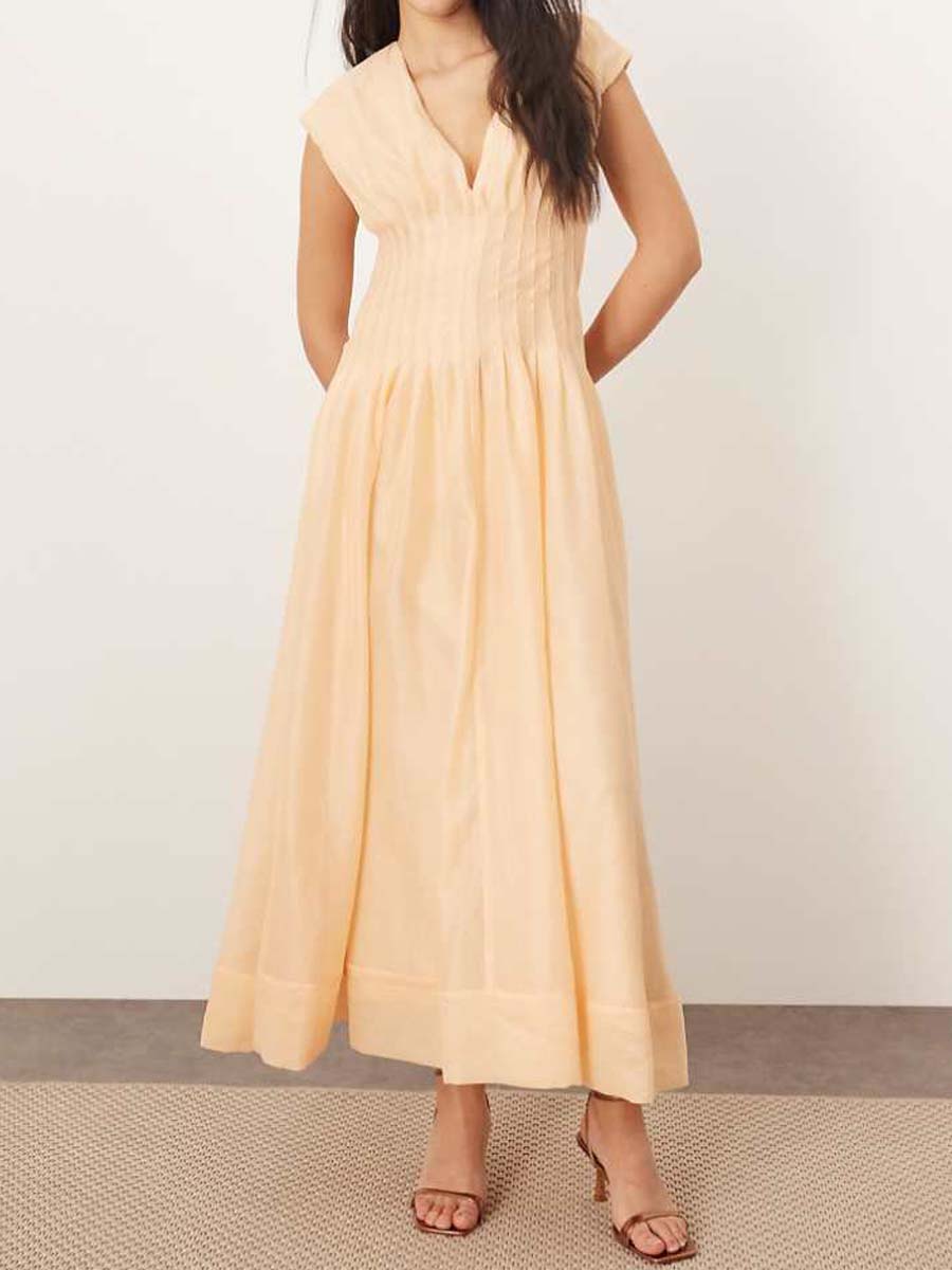 Sleeveless V-neck Pleat Waist Midi Dress