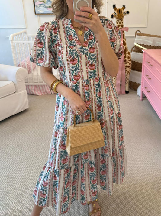 Elastic Sleeve Cuff Printed Midi Dress