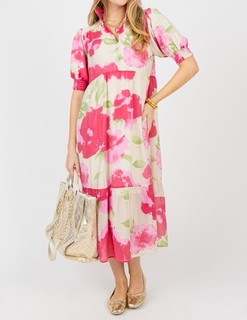 Pink Mixed Floral Midi Dress