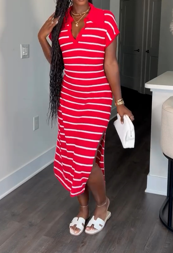 Cute striped polo shirt collar casual dress