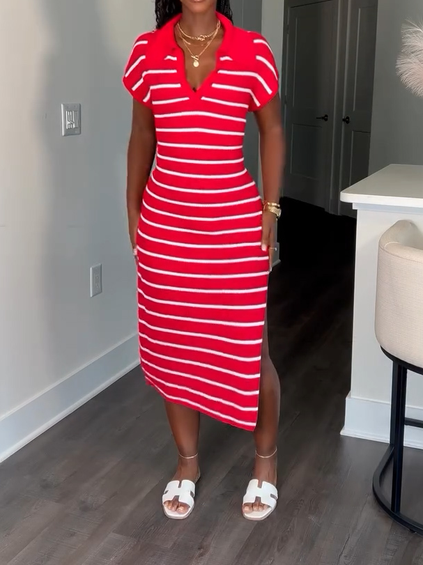 Cute striped polo shirt collar casual dress