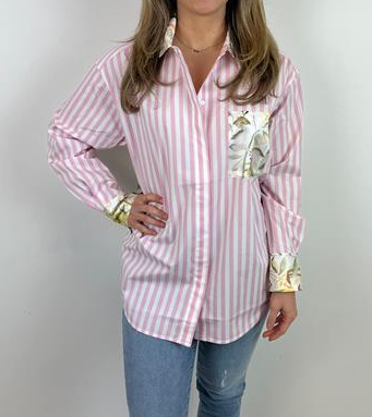 Chic Pink Striped Floral Shirt Top
