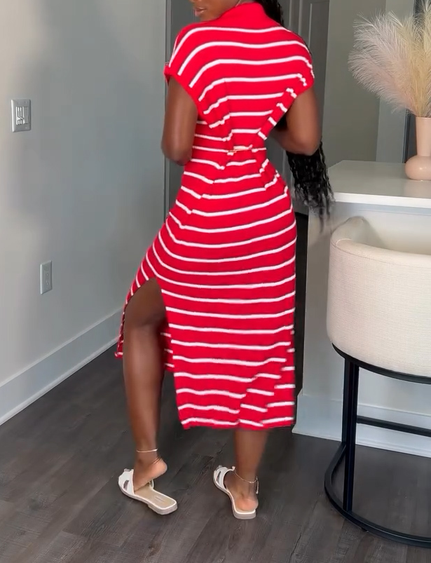 Cute striped polo shirt collar casual dress