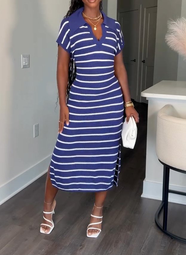 Cute striped polo shirt collar casual dress
