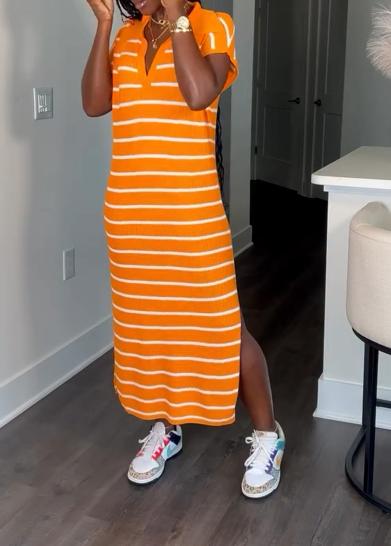 Cute striped polo shirt collar casual dress