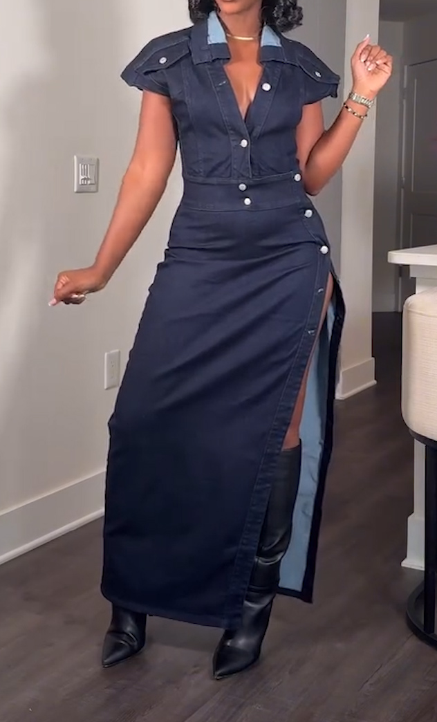 Lapel Button Slit Fashion Denim Dress